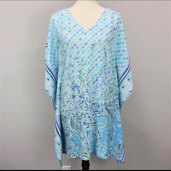 NWT Lilly Pulitzer LindaMarie silk caftan Dress size S/M Bondi Blue scuba doo - Picture 2 of 8